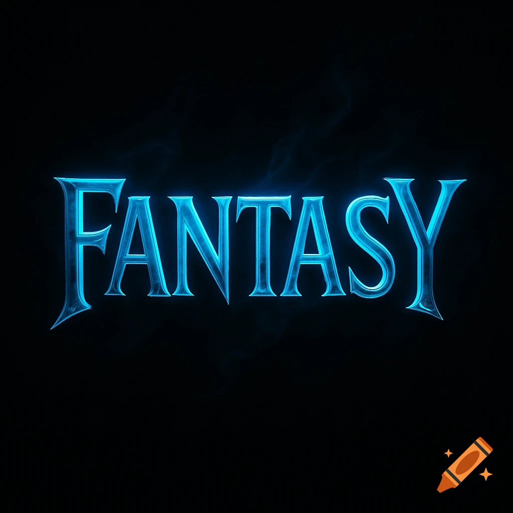 The word FANTASY in glowing blue, stylized letters against a black background, resembling a movie logo.