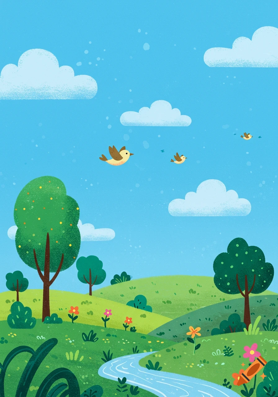 A vibrant cartoon landscape with green rolling hills, colorful flowers, a winding river, and birds flying under a bright blue sky with white clouds.