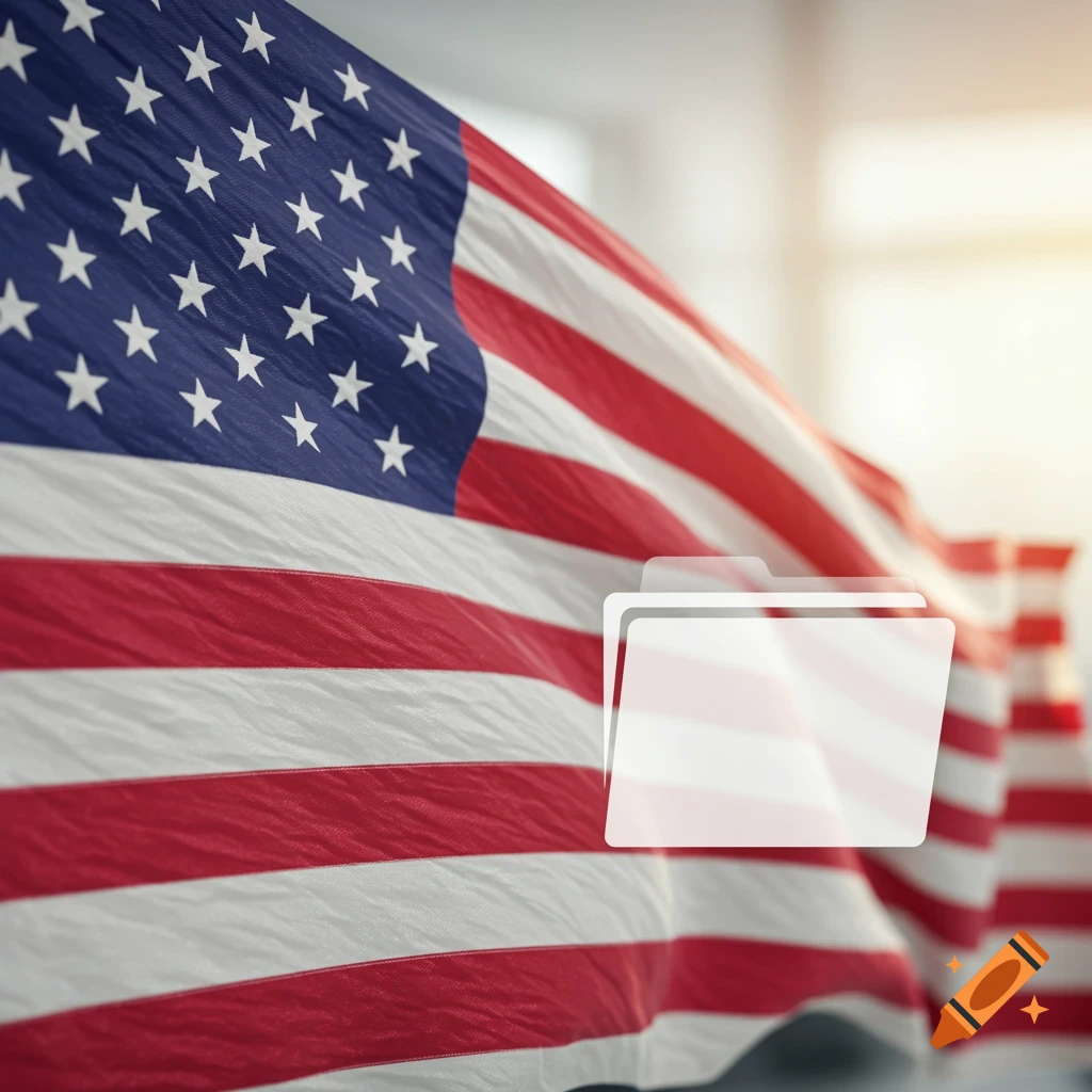 A photorealistic American flag waving with a white, semi-transparent folder icon overlaid.