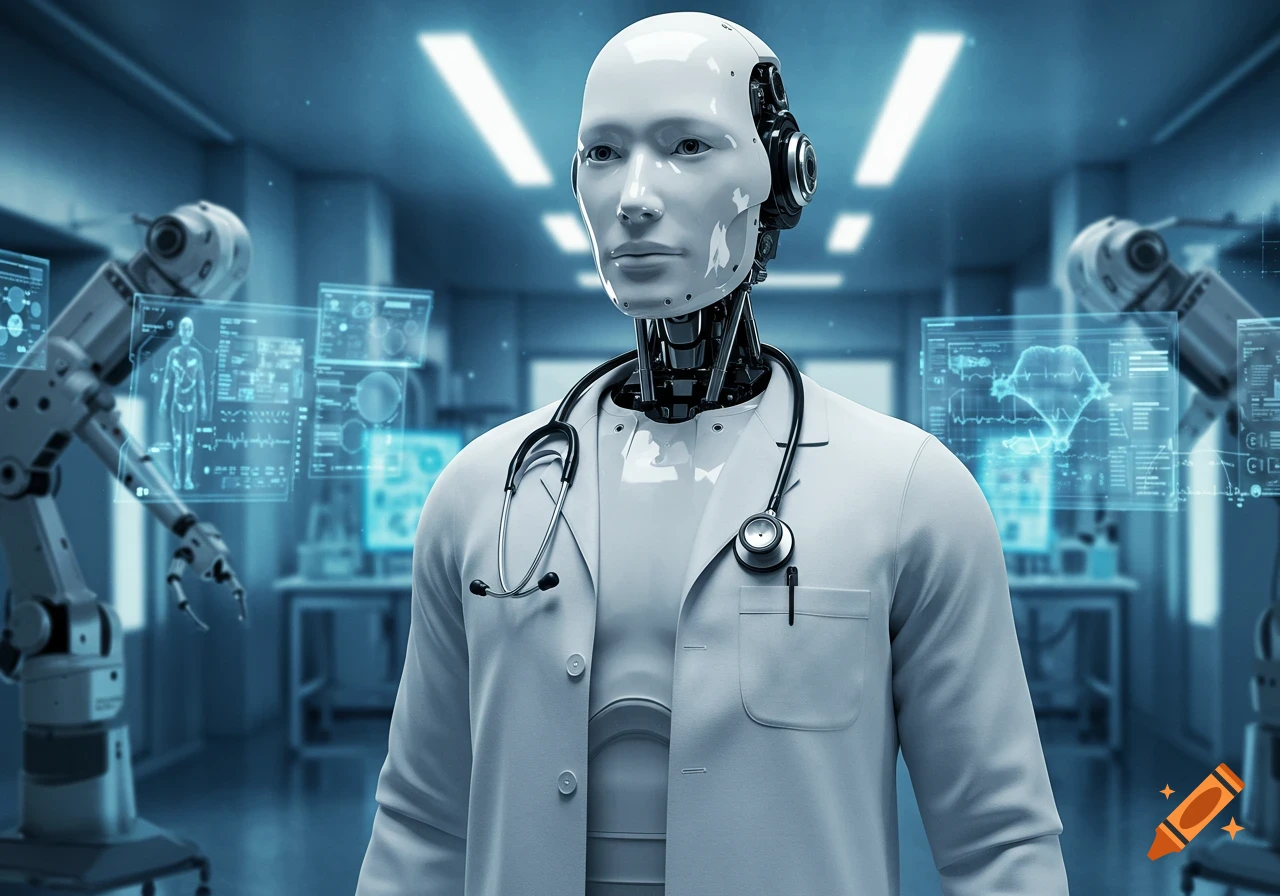 A humanoid robot in a lab coat and stethoscope stands in a futuristic medical lab with holographic screens.