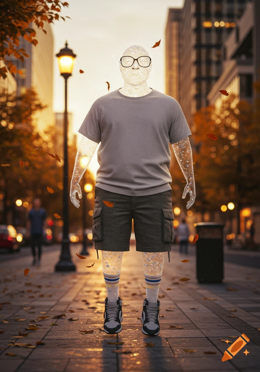 A transparent, sparkly man wearing glasses, a grey t-shirt, cargo shorts, striped socks, and sneakers stands on an autumn city street with fallen leaves.