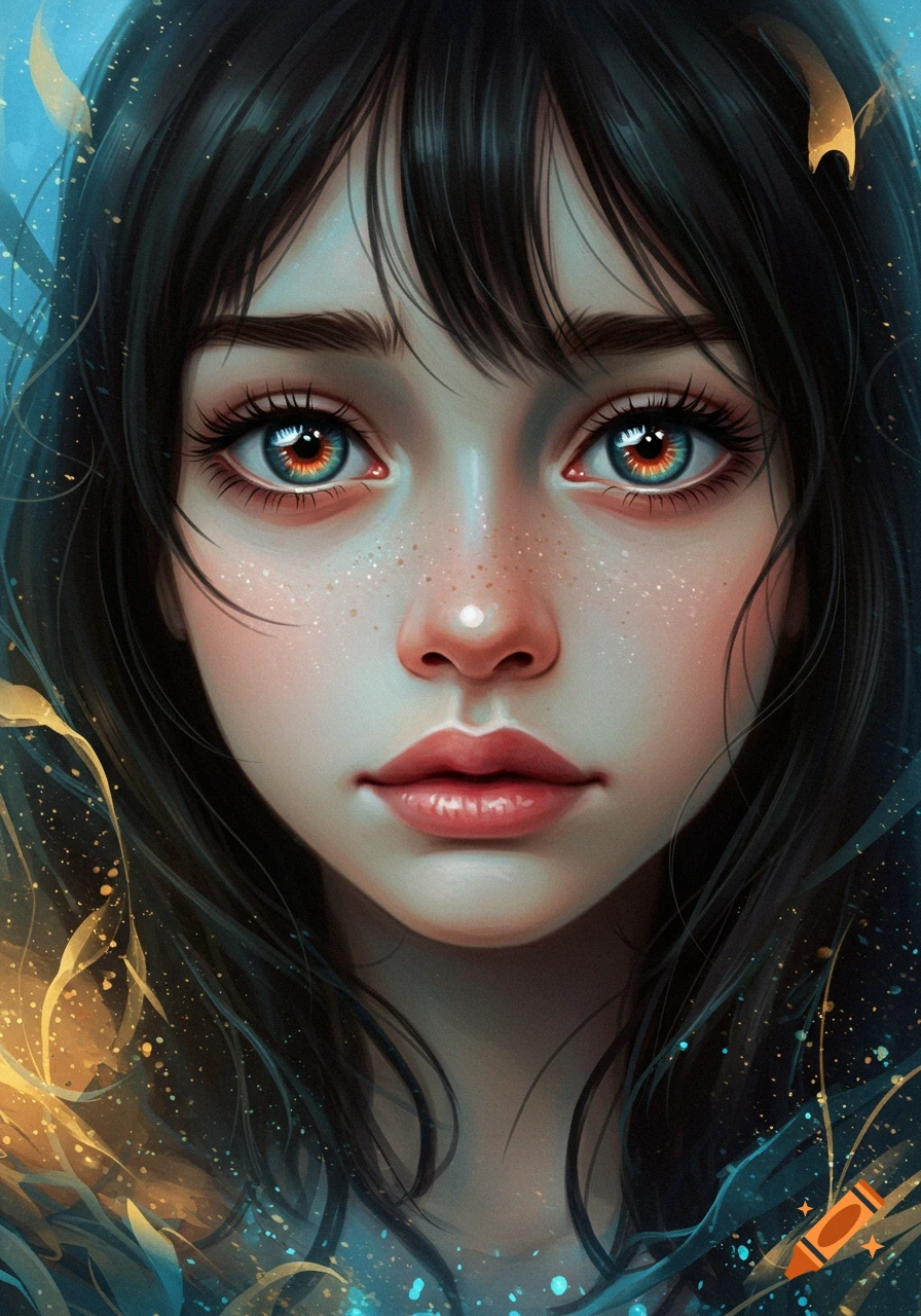 Close-up digital painting of a young woman with large, multi-colored eyes, black hair, and freckles, against a dark background with glowing blue and gold particles.