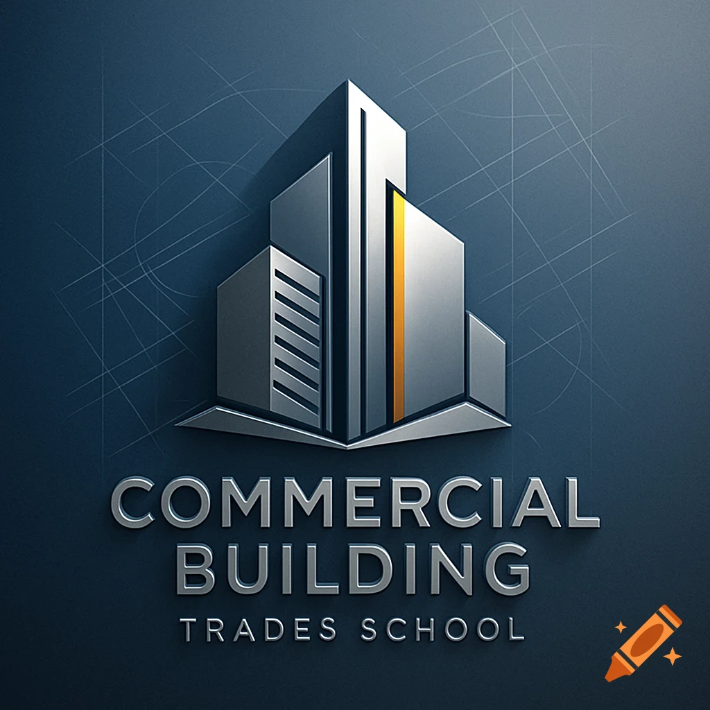 3D logo: stylized grey buildings with gold stripe on dark blue. Silver text: 'COMMERCIAL BUILDING TRADES SCHOOL'.