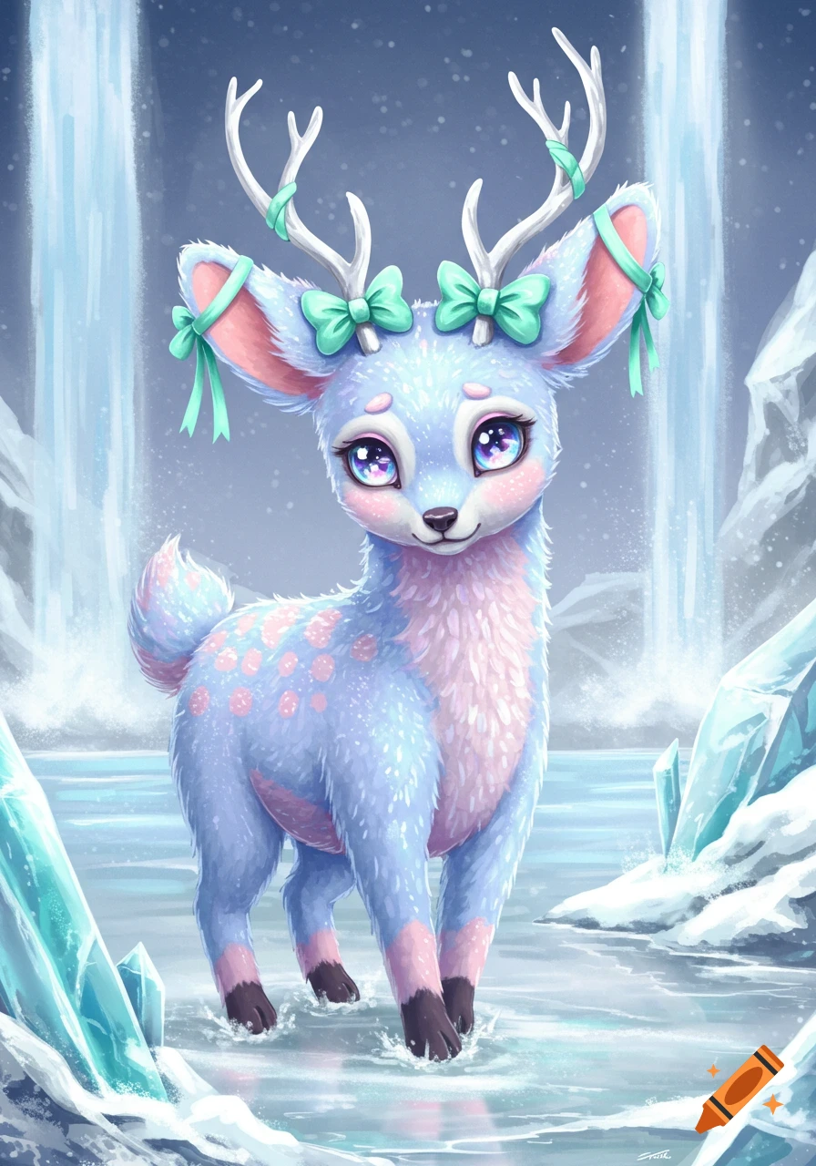 A cute, blue and pink deer-like creature with colorful eyes and mint green bows, standing in icy water with waterfalls.