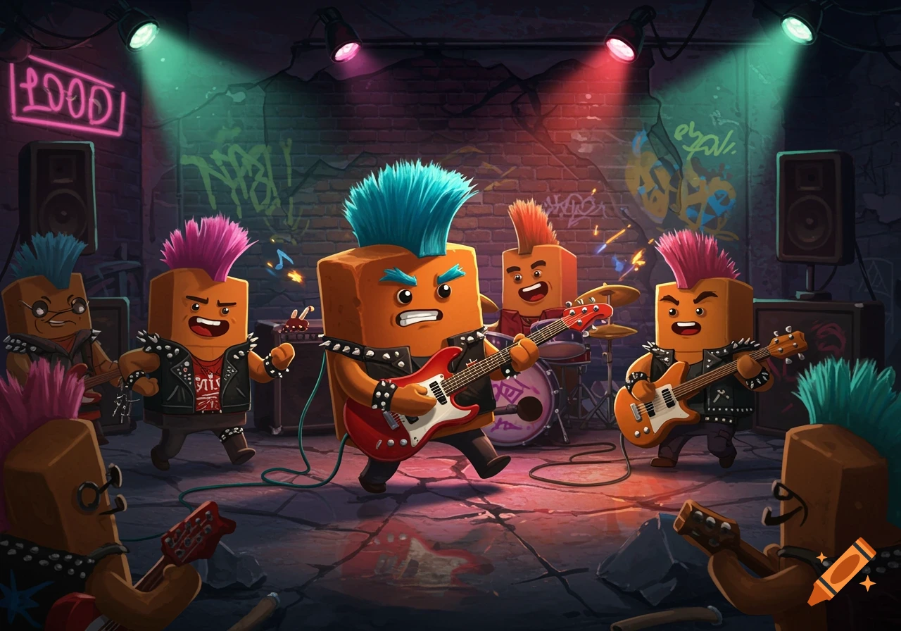 A cartoon band of orange brick characters with colorful mohawks, wearing studded jackets, playing electric guitars and drums in a dimly lit, graffiti-covered club.