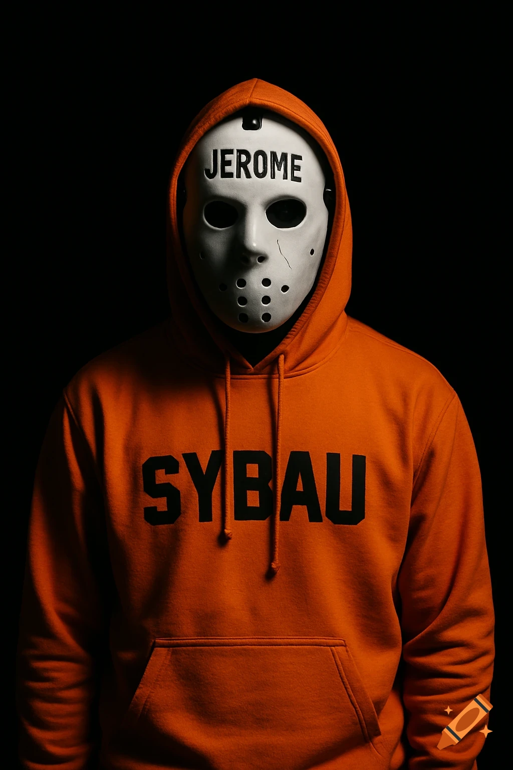 A man wearing an orange hoodie that says 'SYBAU' and a white hockey mask with 'JEROME' on it, against a black background.