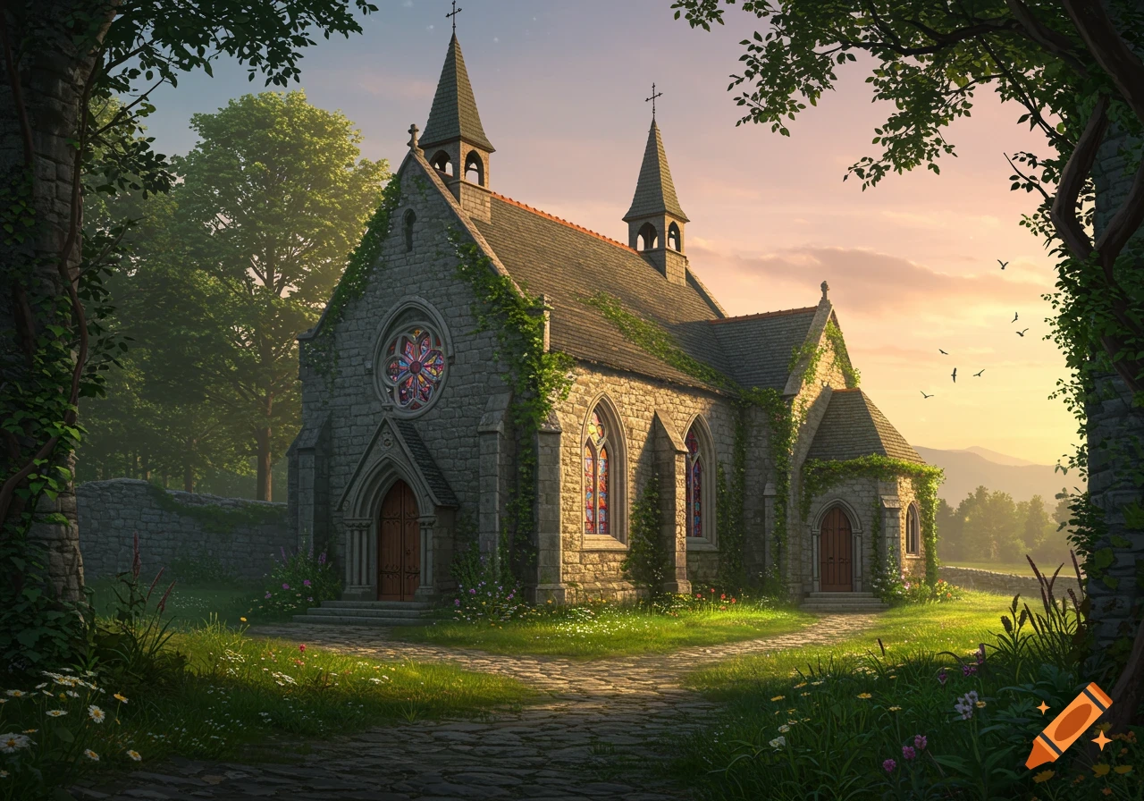 A stone medieval chapel with stained glass windows surrounded by lush green trees and grass under a sunset sky.