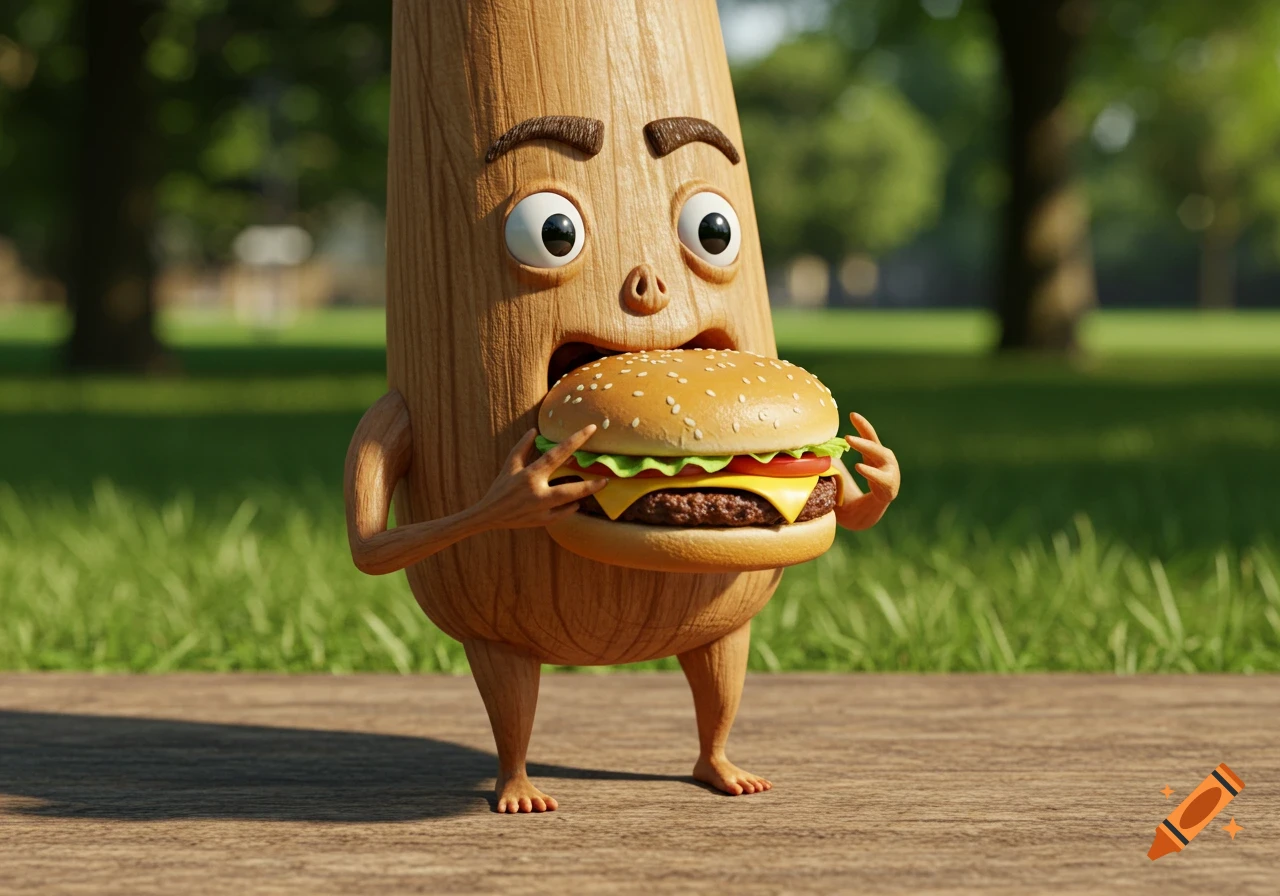 A wooden cartoon character with a face, eyebrows, feet, and many fingers, holds and eats a cheeseburger in a park.