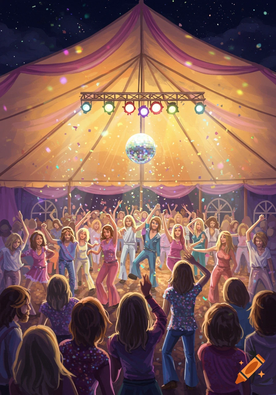 A large crowd of people dance under a marquee tent with a disco ball and colorful lights, confetti falling.