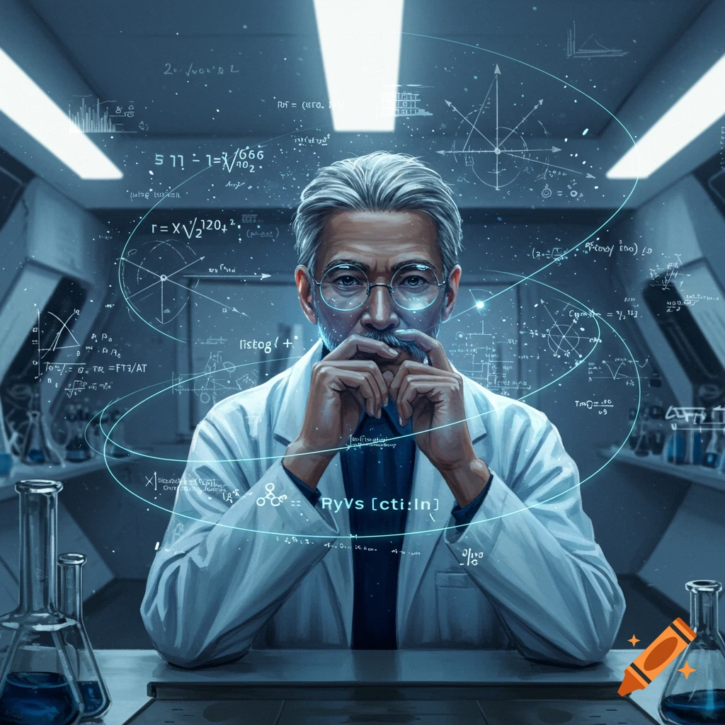 A portrait of an older male scientist with glasses and a mustache, in a lab coat, in a blue-lit lab with holographic equations.