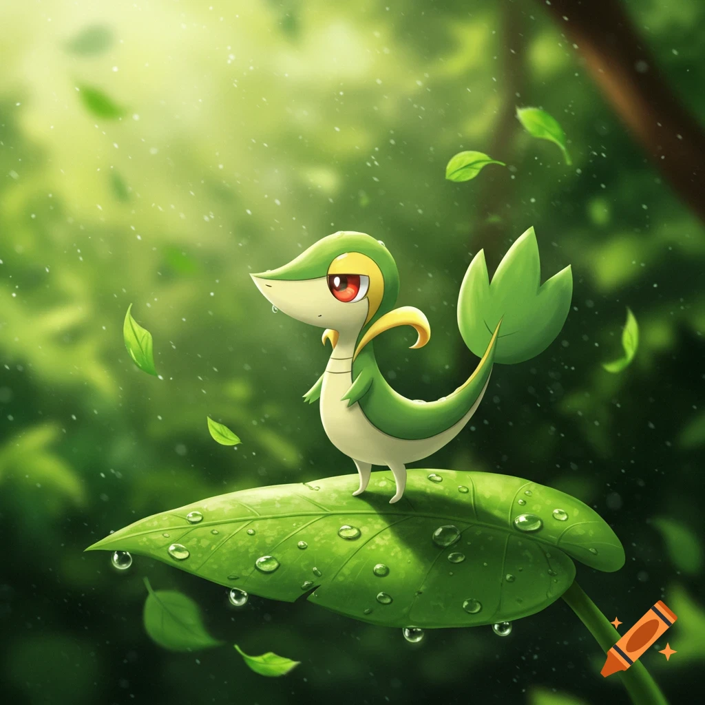 Snivy, a green snake-like Pok Gmon, stands on a large green leaf covered in water droplets in a lush, vibrant green environment.
