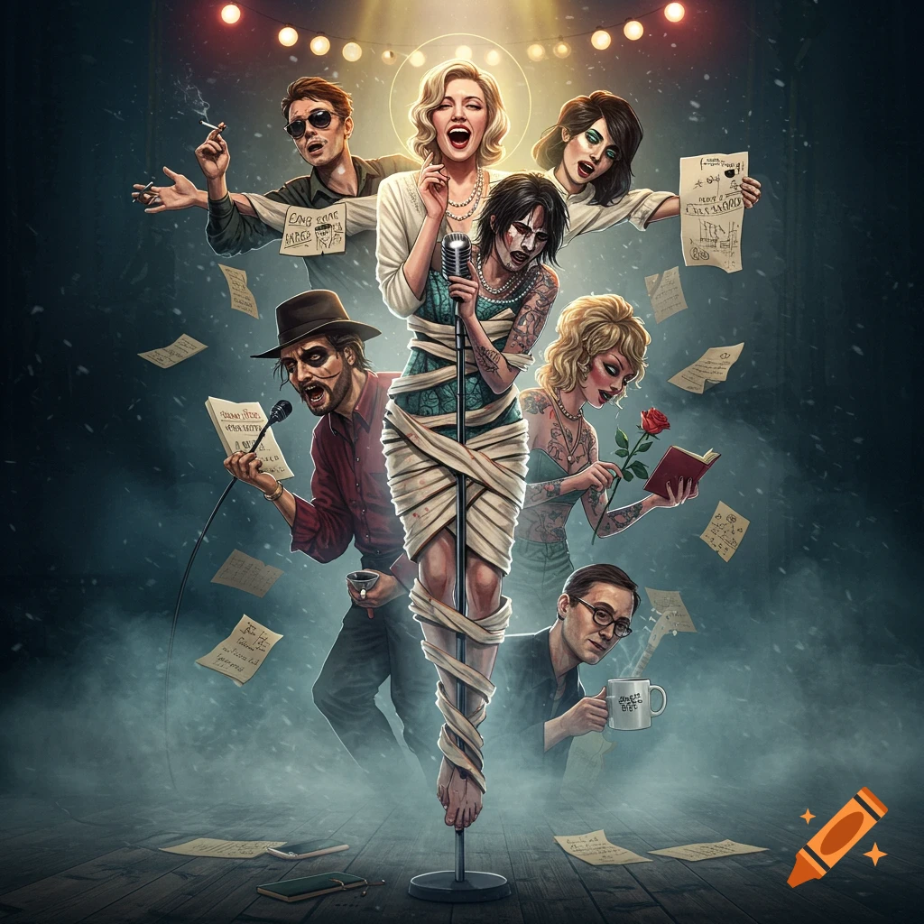 A surreal, symbolic artwork depicting multiple intertwined figures emerging from a central microphone, with glowing mist, stage lights, and floating pages.