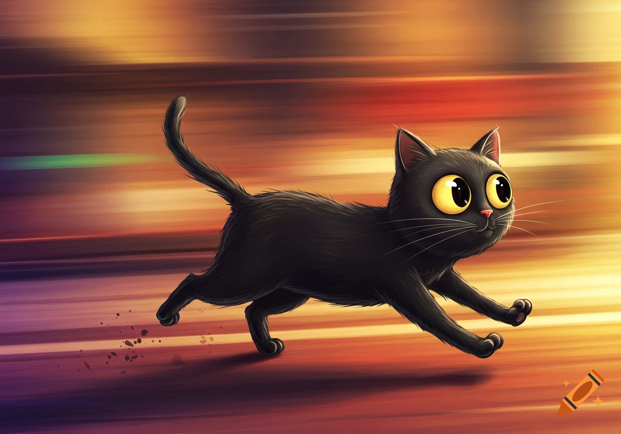 A cartoonish black cat with large yellow eyes running swiftly, with motion blur in the background.