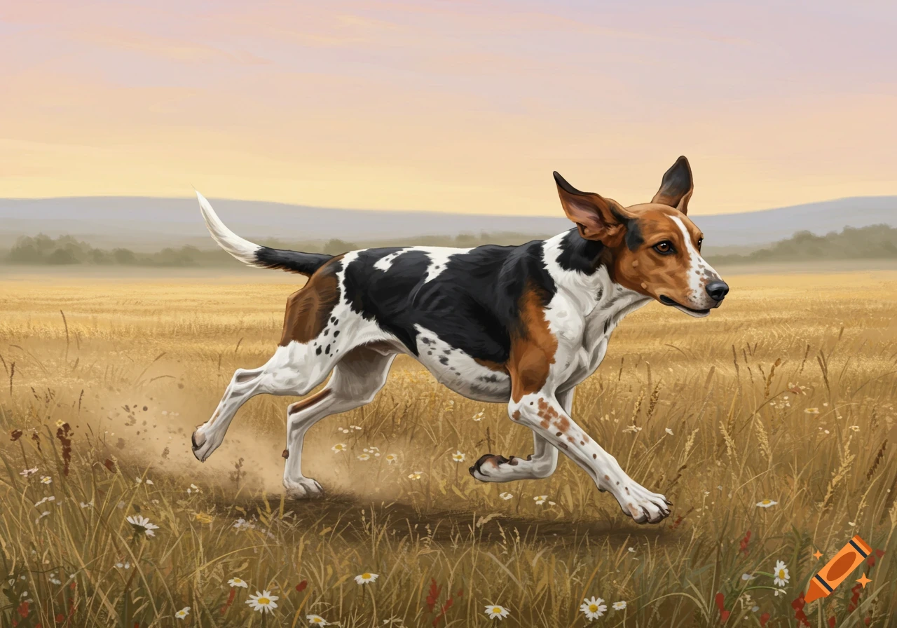 A tri-color Walker Hound dog runs through a golden grassy field under a pale sky, digital painting.