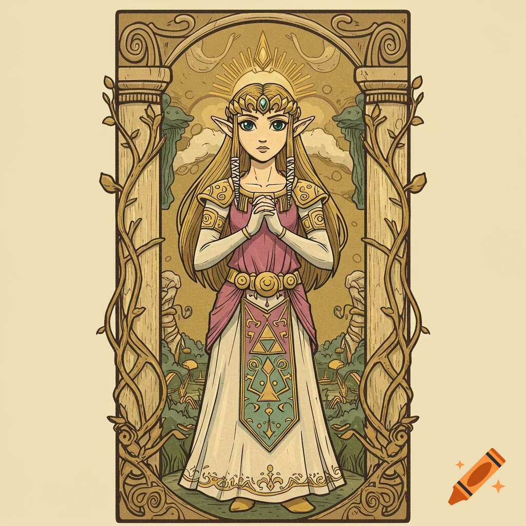 Stylized portrait of Princess Zelda in a wood block art nouveau style, standing with hands clasped, wearing a crown and elaborate dress.