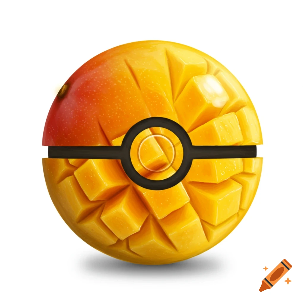 A stylized pokeball made from a mango, with the upper half showing mango skin and the lower half showing diced mango cubes.
