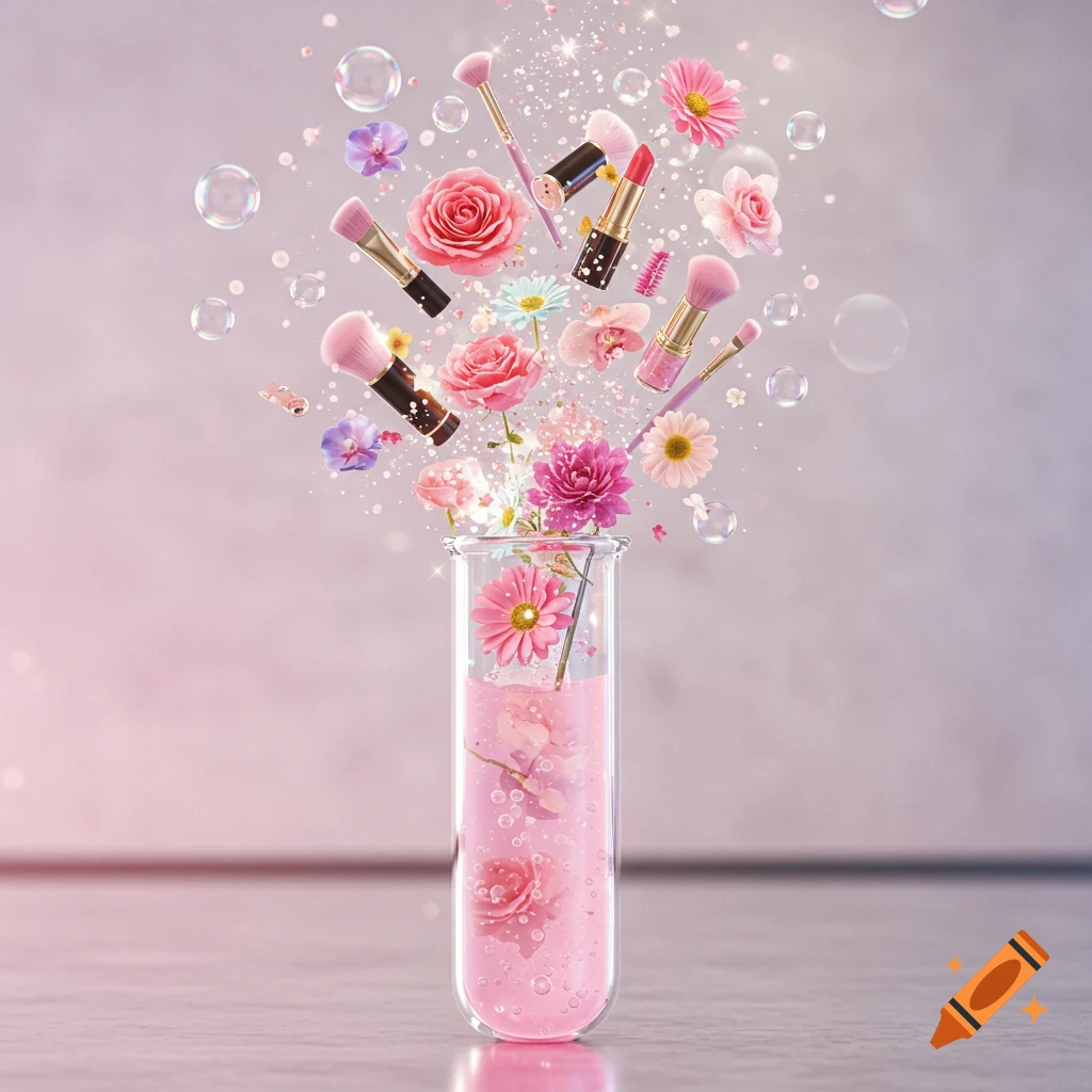 Makeup tools, flowers, sparkles, and bubbles bursting from a test tube with pink liquid.