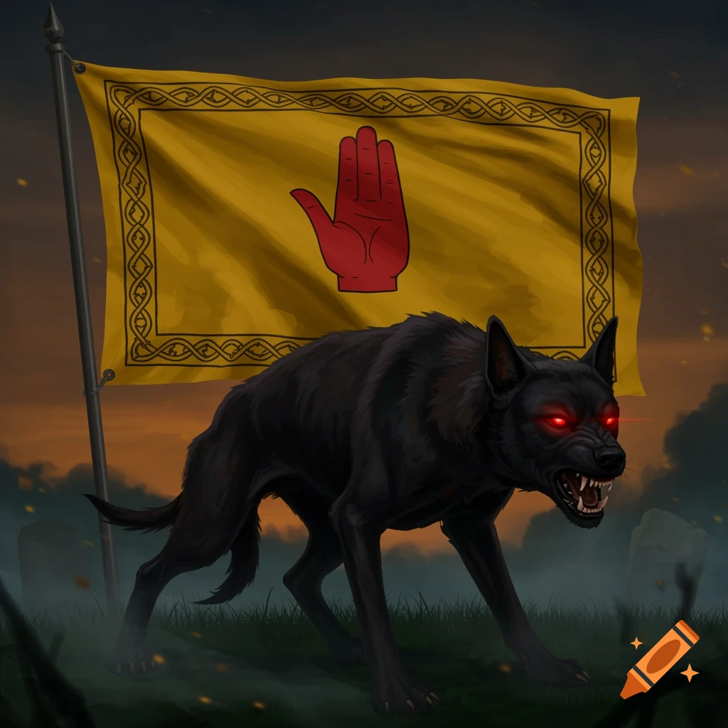 A menacing black hound with glowing red eyes stands in a misty graveyard before a yellow flag with a red hand symbol.