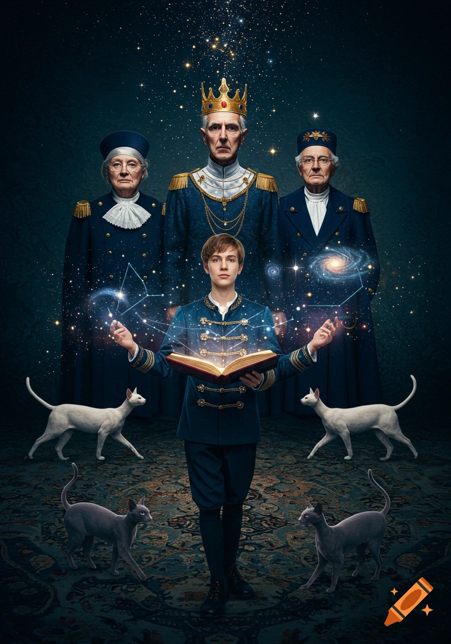 A young boy in a navy uniform holds a glowing book, surrounded by celestial patterns and galaxies. Behind him stand a king and two elders in similar uniforms, under a starry sky. Four cats walk on a patterned rug.