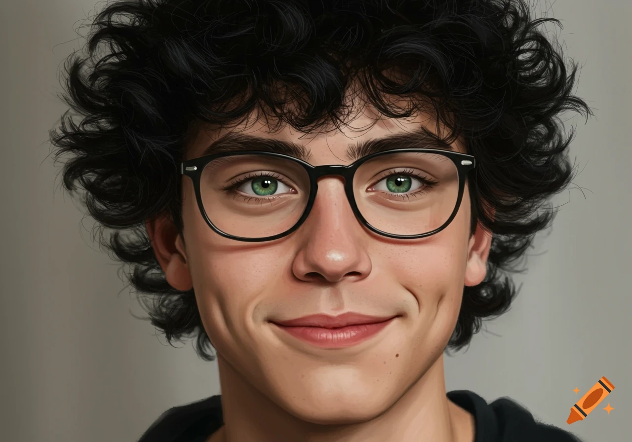 Close-up realistic portrait of a young man with curly black hair, green eyes, glasses, and dimples smiling.