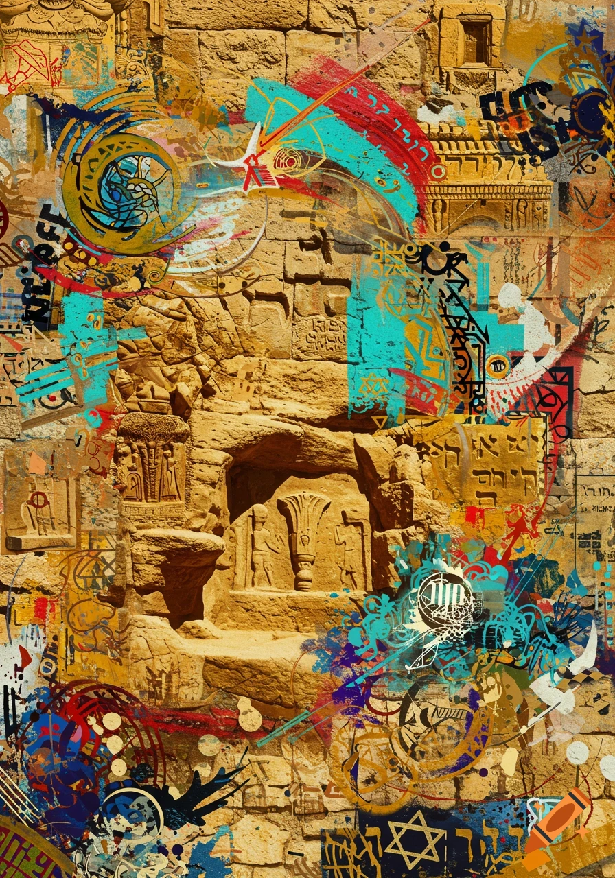 An abstract artwork featuring ancient stone carvings and archaeological textures overlaid with vibrant modern graffiti and abstract symbols, including Hebrew-like characters and a Star of David.
