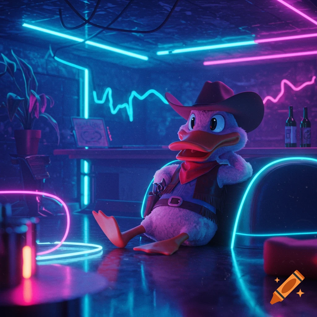 A fluffy white cartoon duck in a cowboy hat and red bandana lounges against a chair in a vibrant, dark room lit by blue and pink neon lights.
