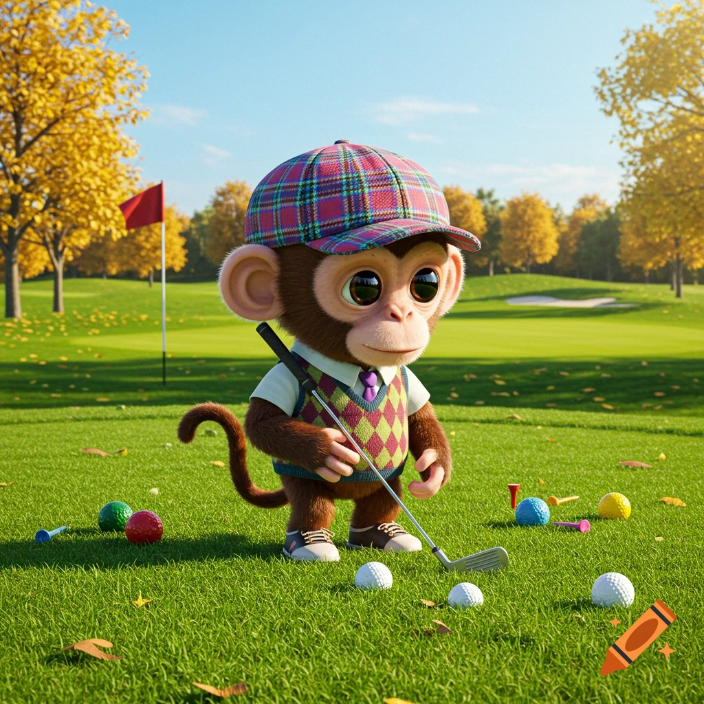A cute, stylized baby monkey wearing a plaid cap and argyle vest stands on a golf course, holding a golf club with several golf balls around.
