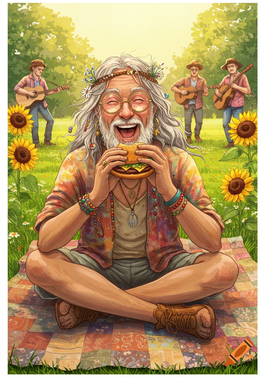 A happy, grey-haired hippie man sits on a colorful blanket, laughing while eating a hamburger. Other musicians play guitars in a sunny park.