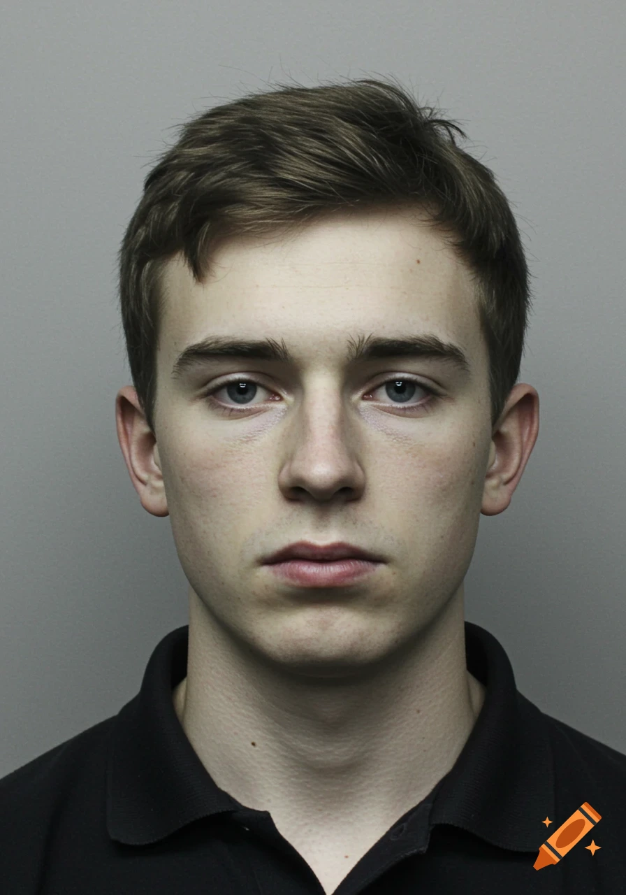 A young man with short brown hair and blue eyes faces forward in a mugshot-style portrait against a plain gray background.