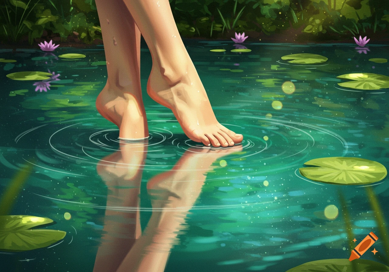 Close-up of human feet gently stepping into a pond with lily pads, creating ripples, in an illustrative style.