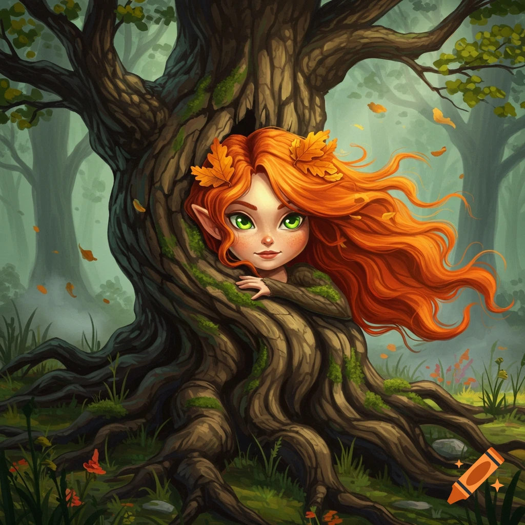 A cute, red-haired, fairy-like character with green eyes emerges from a mossy tree in a misty forest.