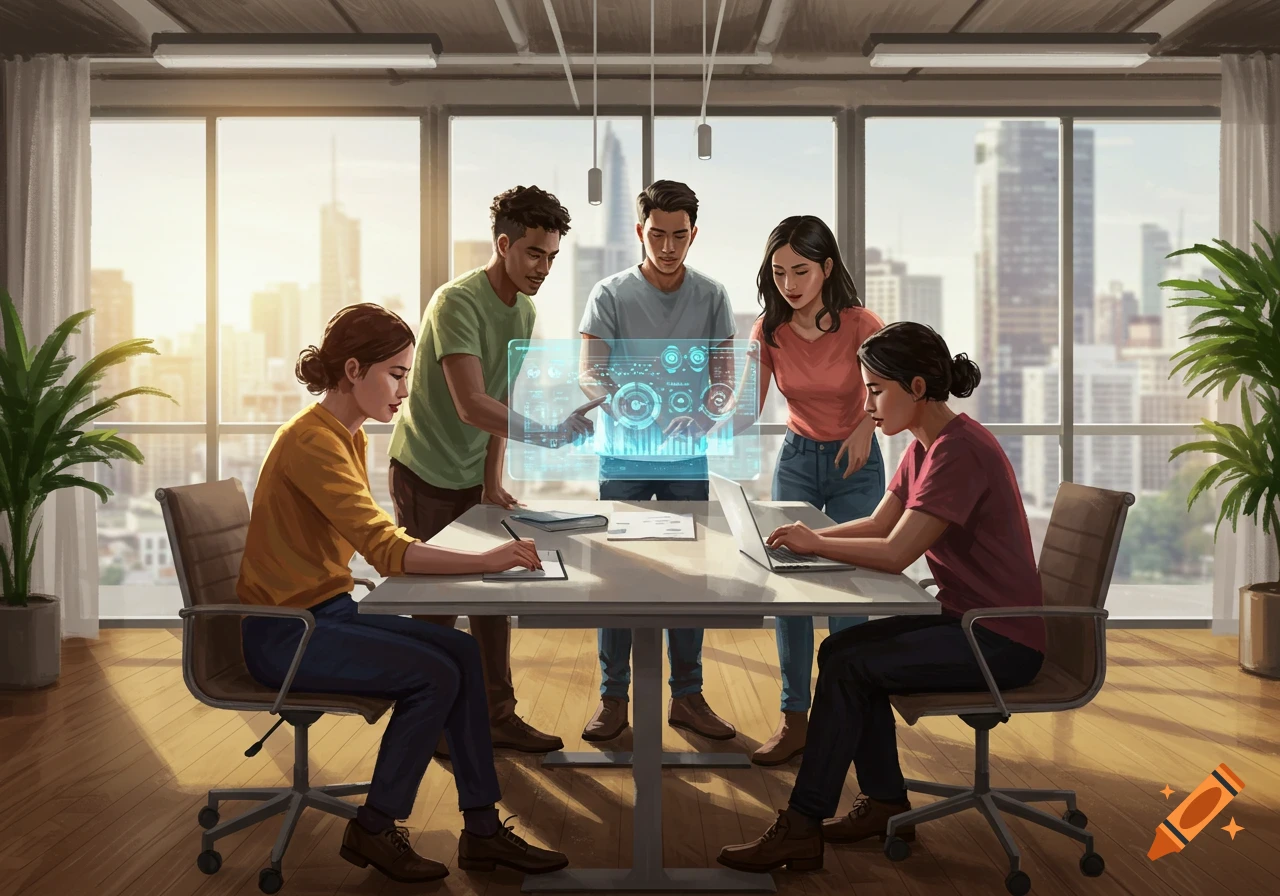 Five diverse people collaborate around a table with a holographic display in a modern office overlooking a city skyline.