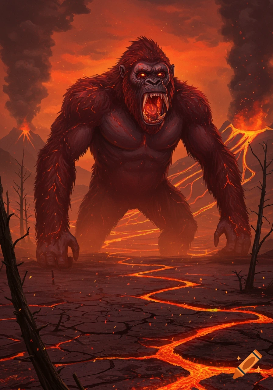 A roaring giant red ape with glowing eyes stands in a fiery volcanic landscape with lava flows and smoking volcanoes under an orange sky.