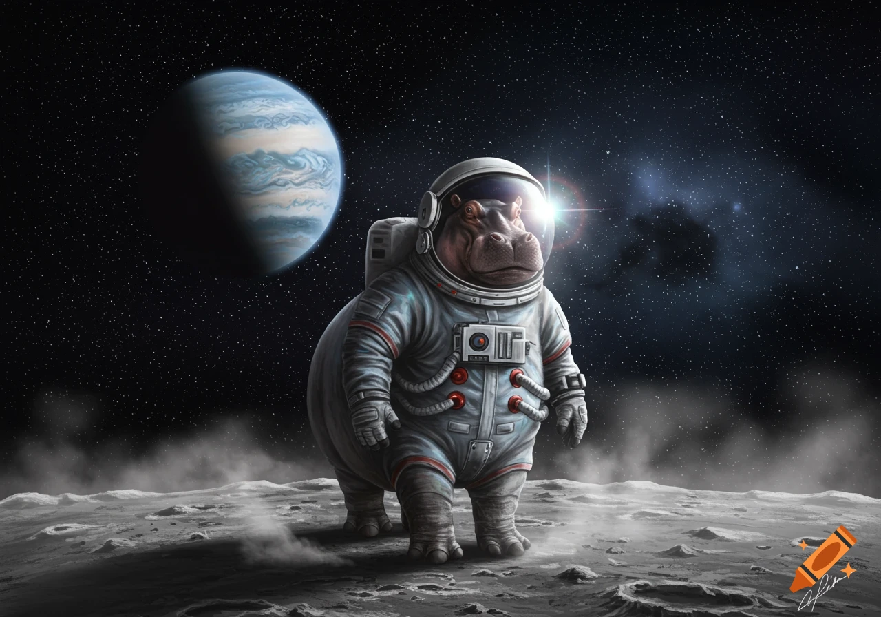 A hippo in an astronaut suit stands on a moon-like surface, gazing towards a large gas giant planet in a star-filled cosmos.