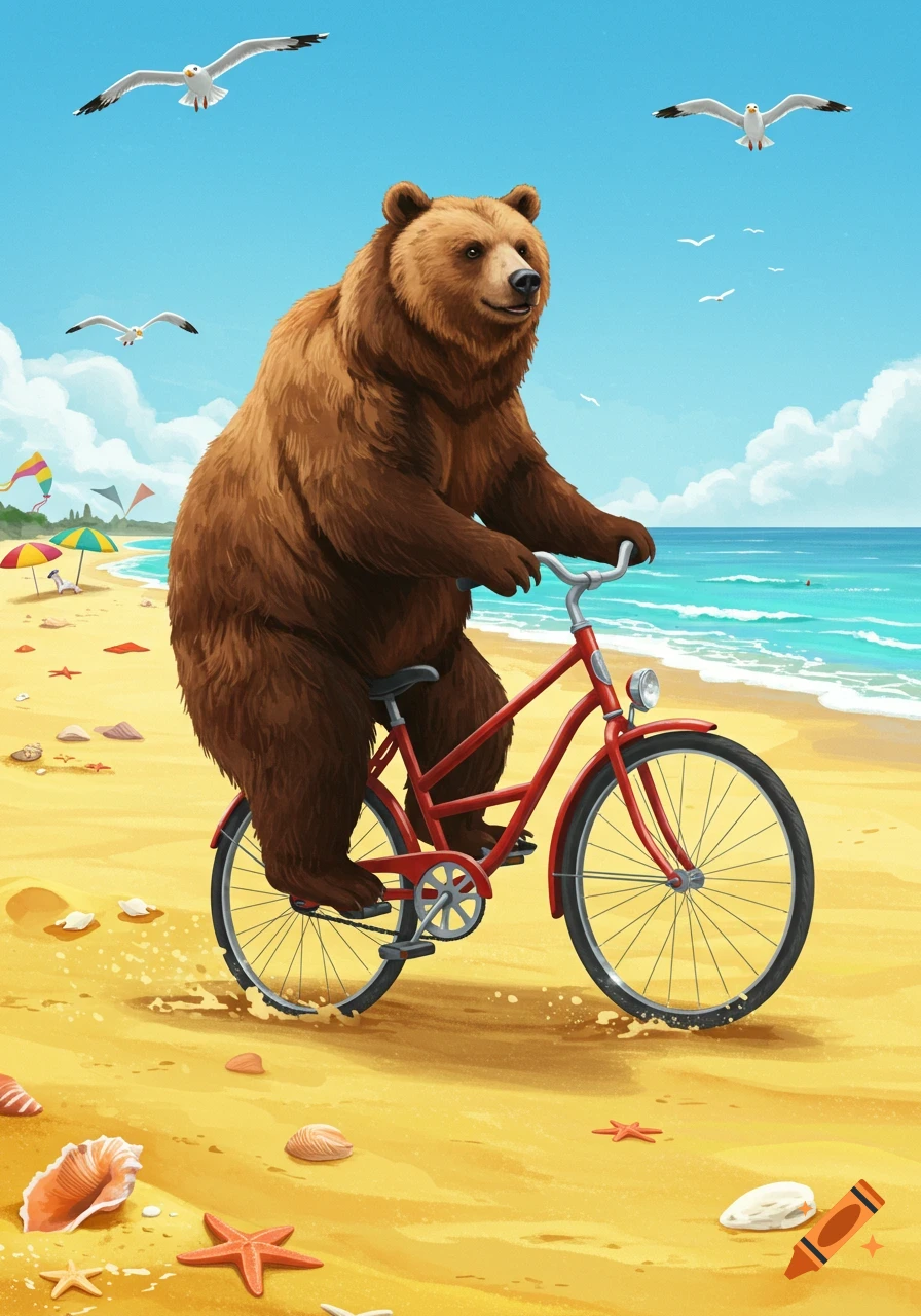 A whimsical illustration of a brown bear riding a red bicycle on a sunny sandy beach, with seagulls and beach umbrellas in the background.