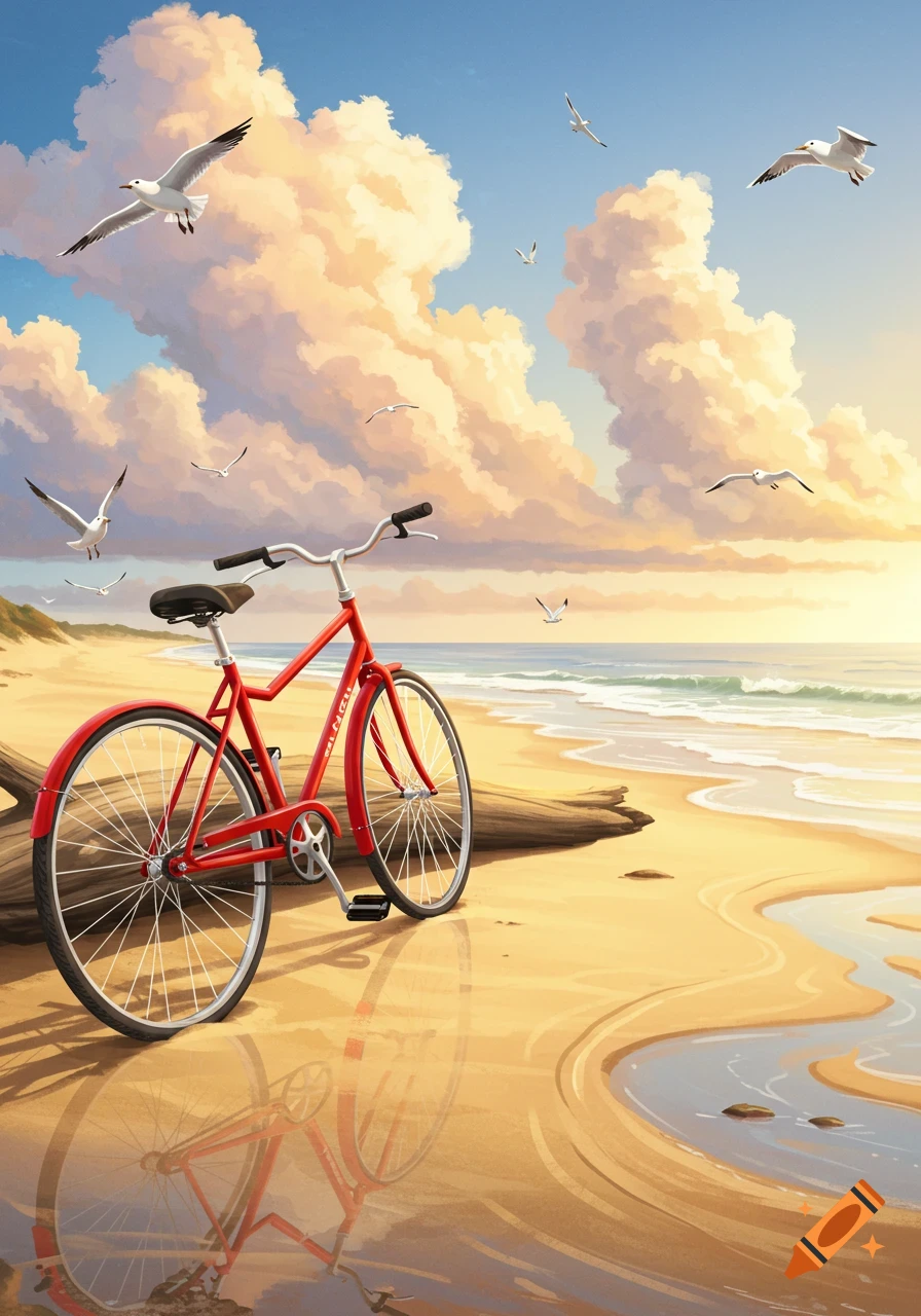 A red bicycle rests on a sandy beach at sunset, with seagulls flying above the ocean waves.