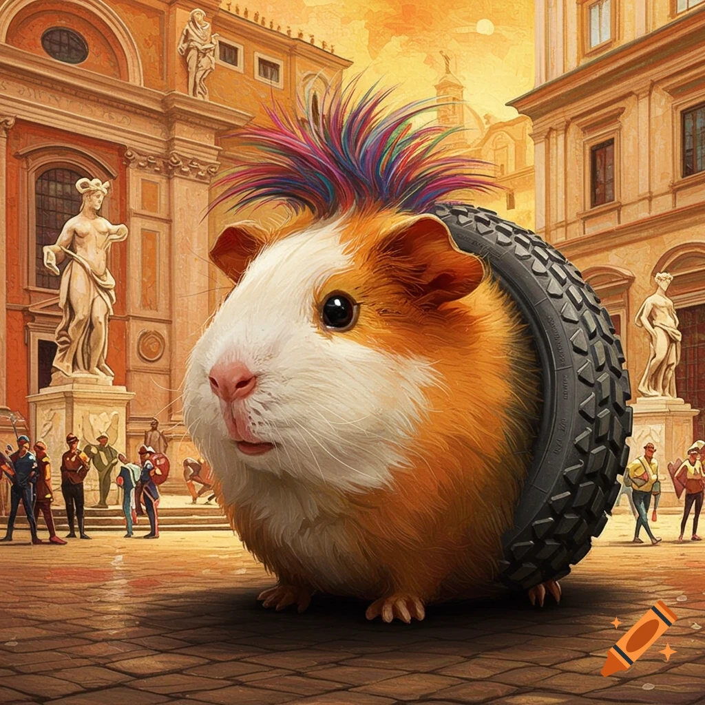 A fluffy guinea pig with a colorful mohawk and a tire around its body stands in a detailed Italian plaza.