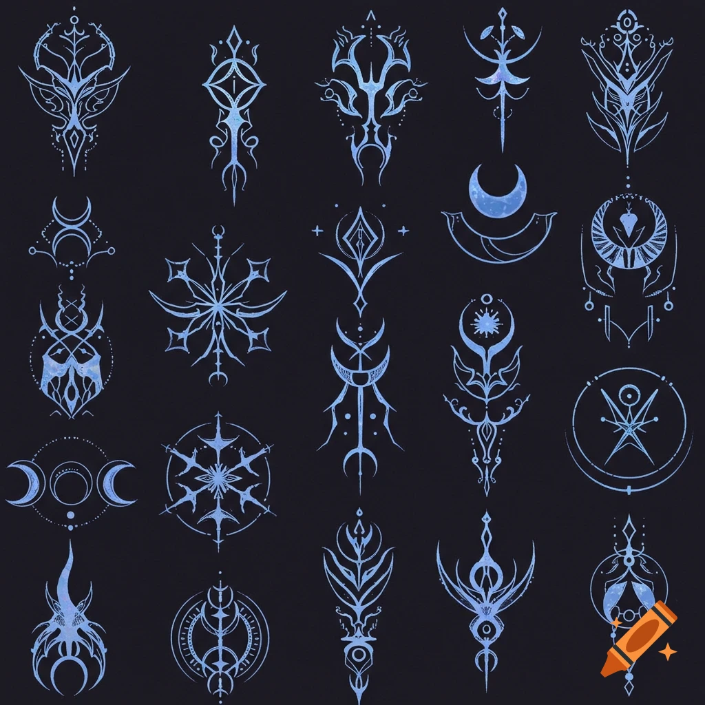 A grid of twenty intricate glowing blue arcane symbols on a dark background.