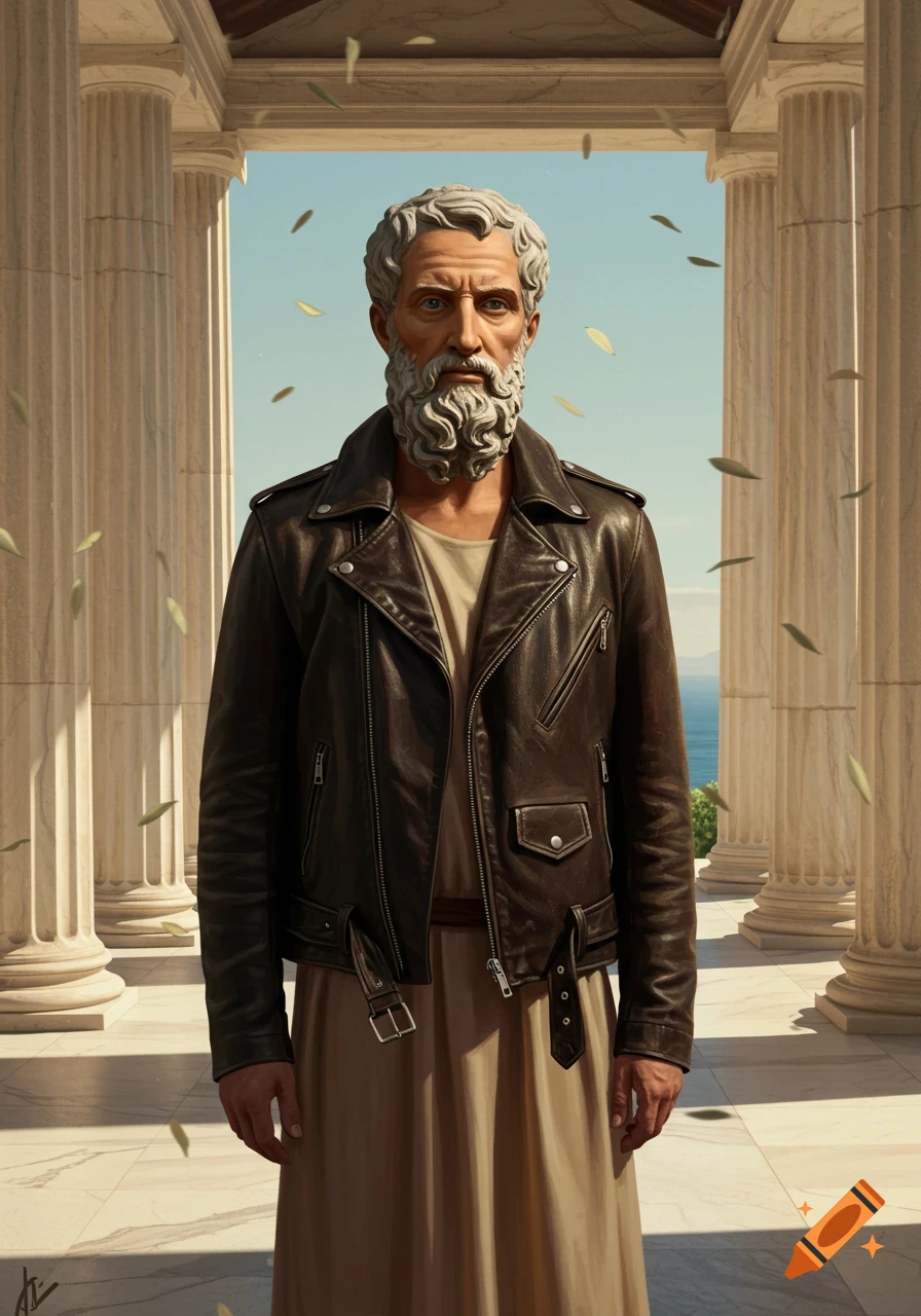 A bearded ancient Greek-style man in a brown leather jacket and tunic stands among classical columns.