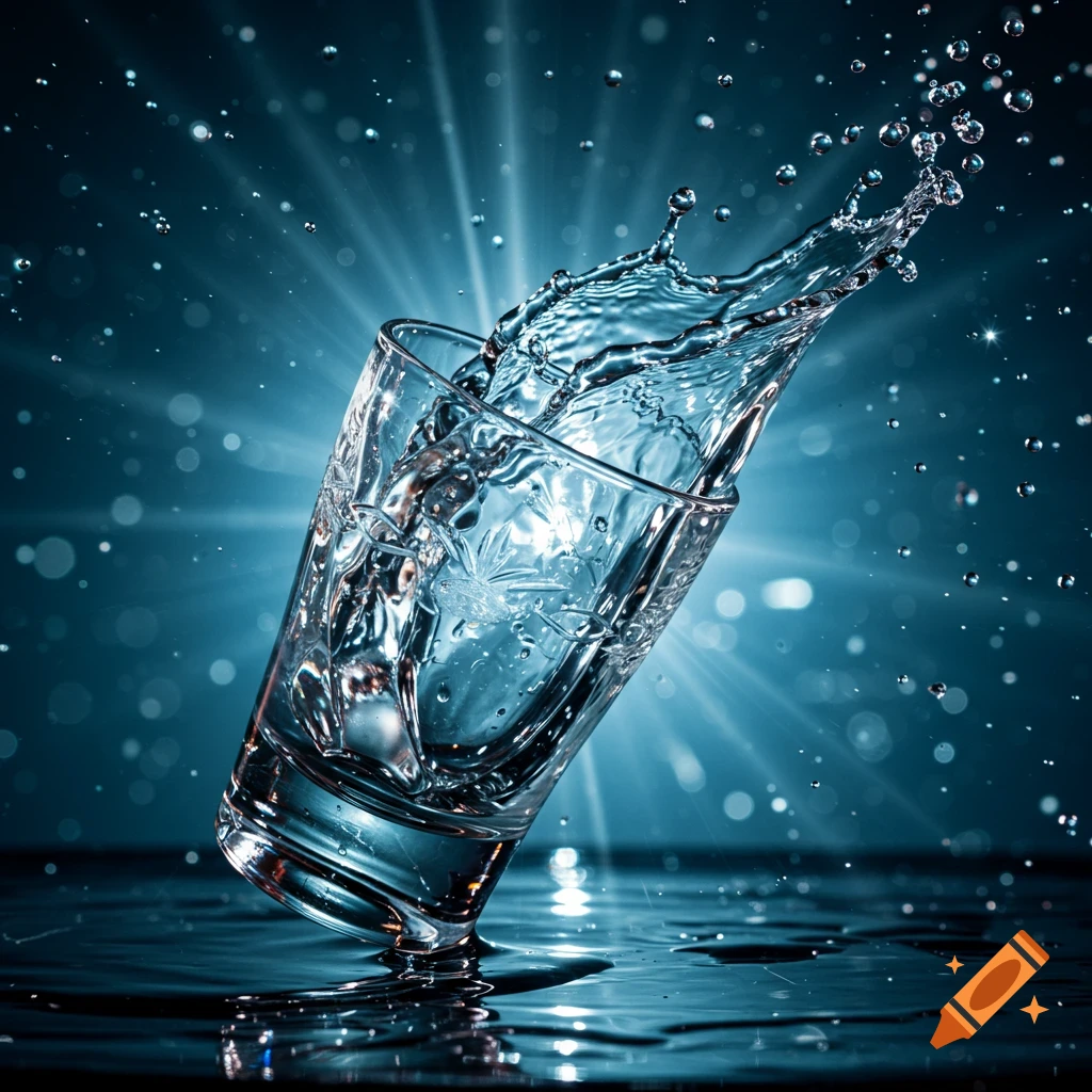 A clear glass tilted, with water splashing out, against a bright blue background with light rays and bokeh.