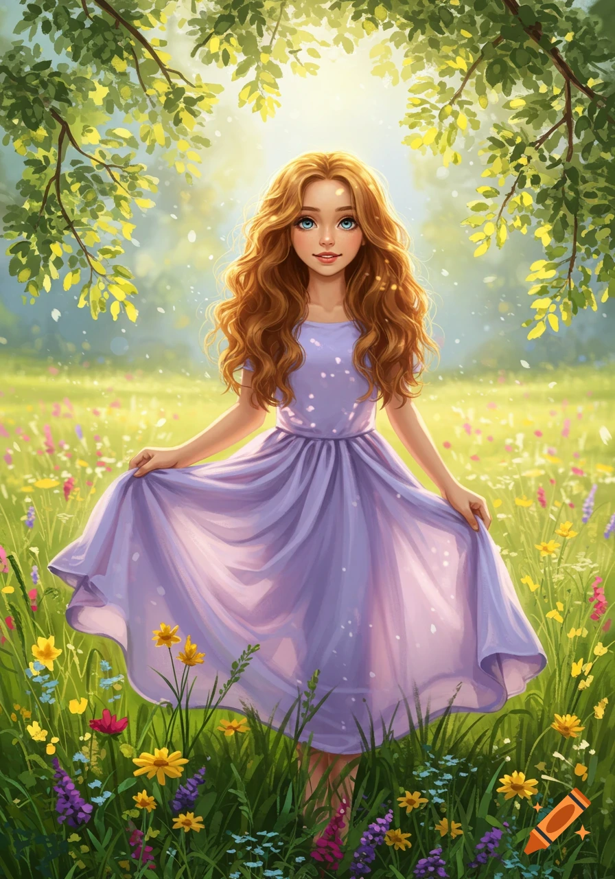 Illustration of a girl with long, curly strawberry blonde hair and blue eyes, in a purple dress, standing in a sunny wildflower field.