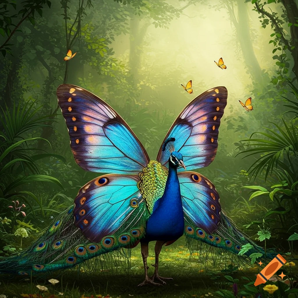 A vibrant peacock with large blue and purple butterfly wings stands in a lush, mystical forest with smaller butterflies around it.