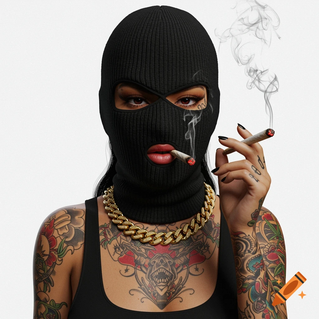 Woman in black ski mask and tank top, with tattoos and gold chain, smoking two lit cigarettes on white background.