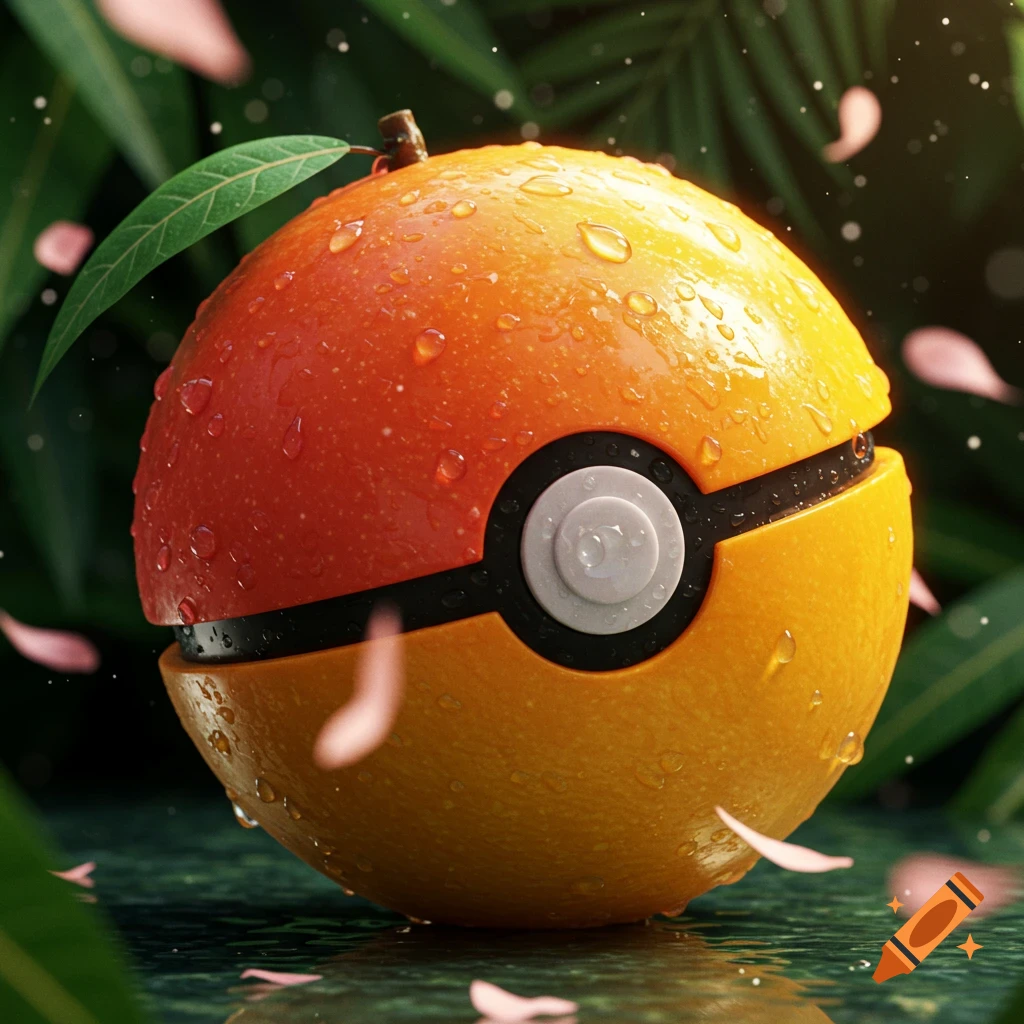 A photorealistic Pokeball resembling a mango, covered in water droplets, nestled among lush green foliage with pink petals scattered around.