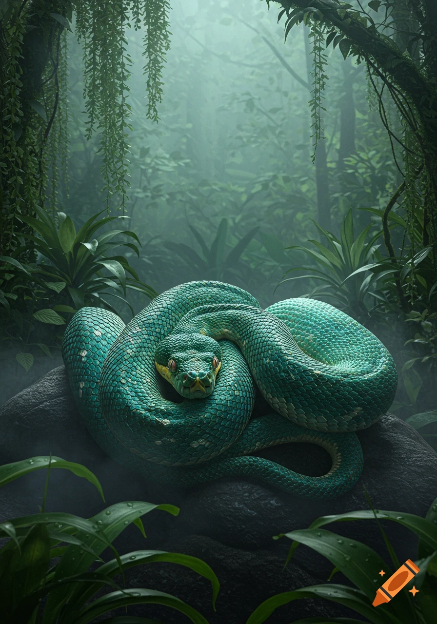 A vibrant green snake coiled on a dark rock in a misty, lush green jungle environment, looking directly at the viewer. Photorealistic style.