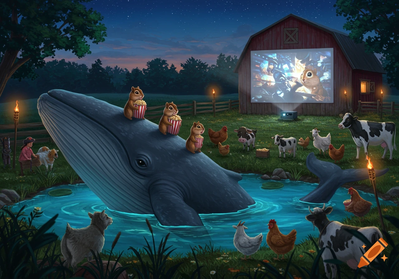 A whimsical illustration of a whale, chipmunks, cows, and chickens watching a movie projected onto a barn at night.