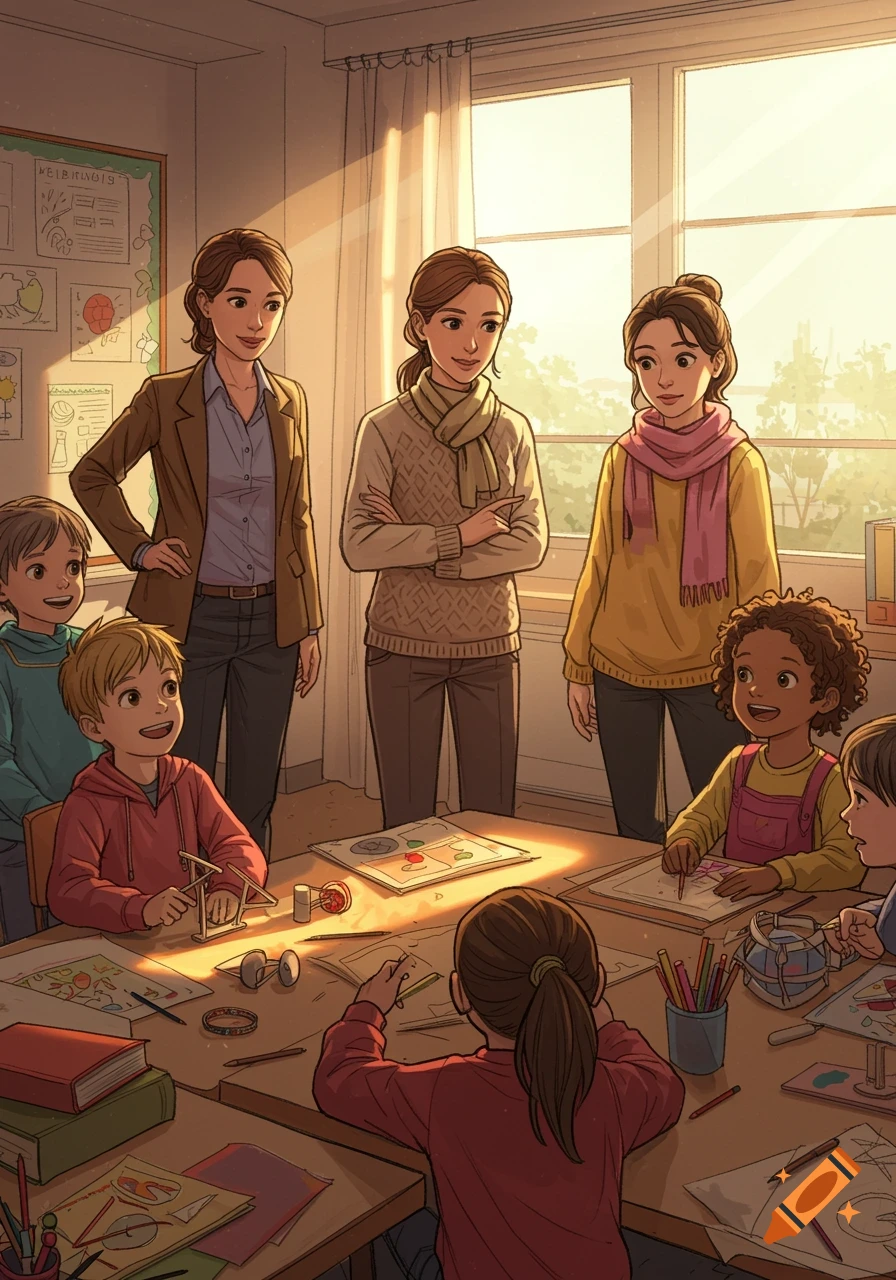 An illustration of three female teachers with several children in a bright classroom, engaged in various activities at a table.