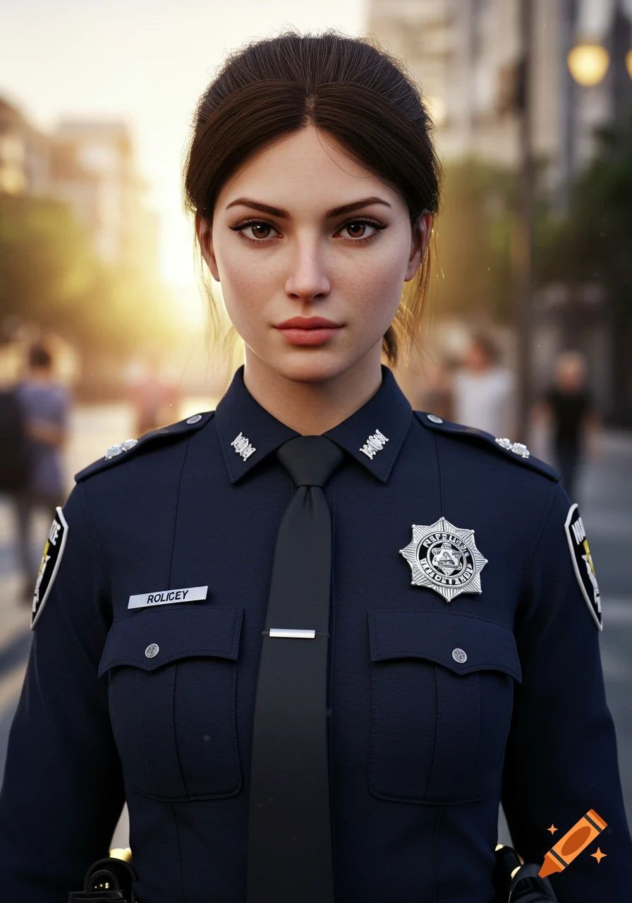 A photorealistic portrait of a young woman with dark hair in a police uniform, looking directly at the viewer with a serious expression, bathed in warm sunlight.
