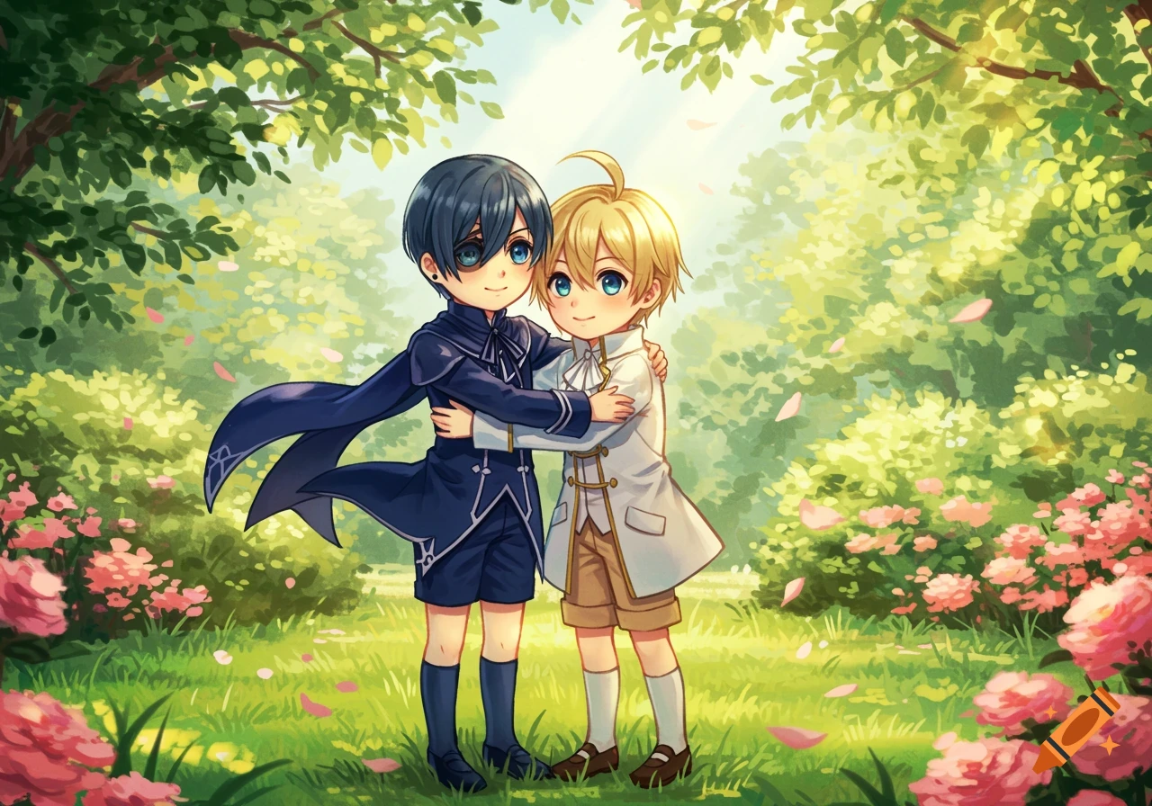 Two cute chibi anime boys, Ciel Phantomhive and Alois Trancy, hug in a vibrant, sunlit garden filled with trees and pink flowers, with petals falling.