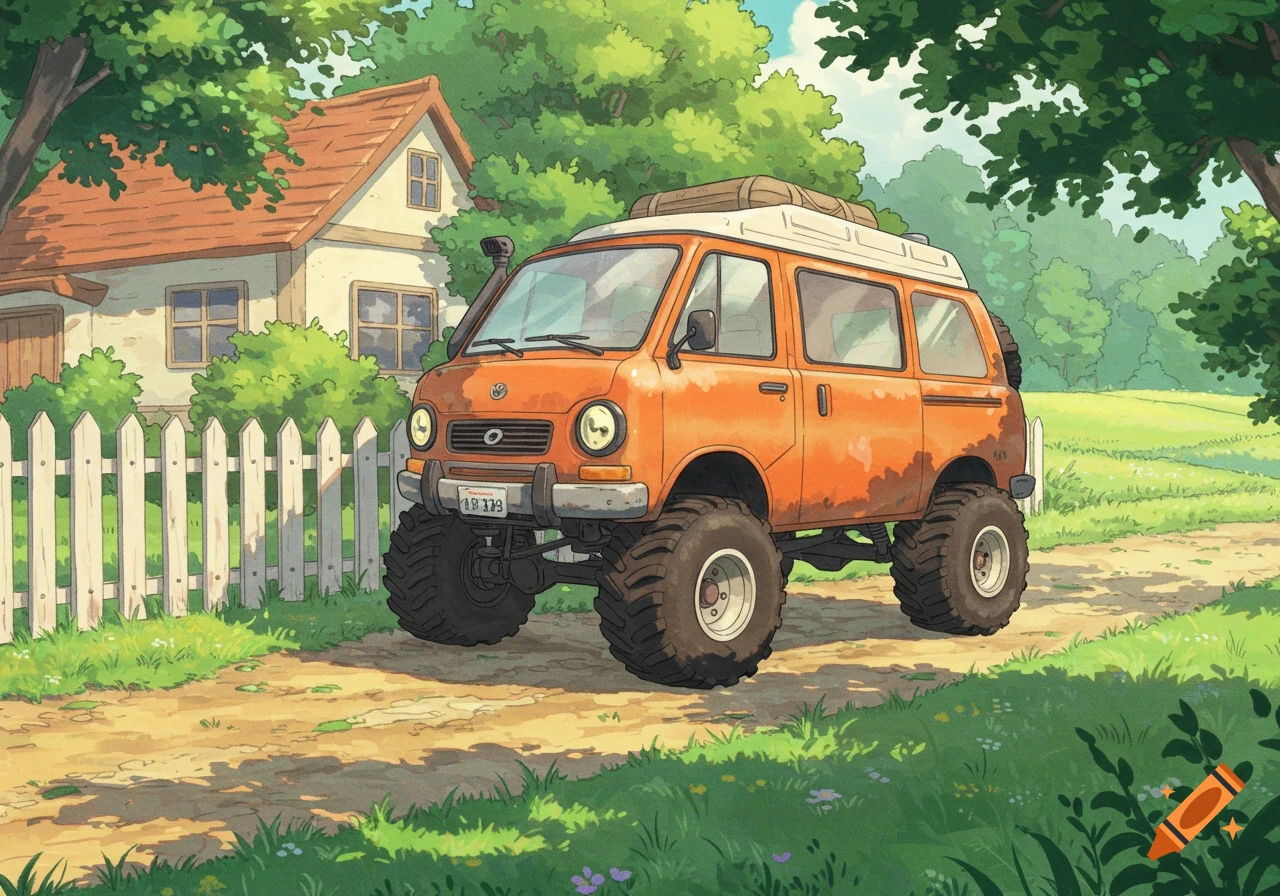A whimsical, rusty orange lifted van with oversized tires on a dirt path next to a white picket fence and a cozy house, Ghibli style.